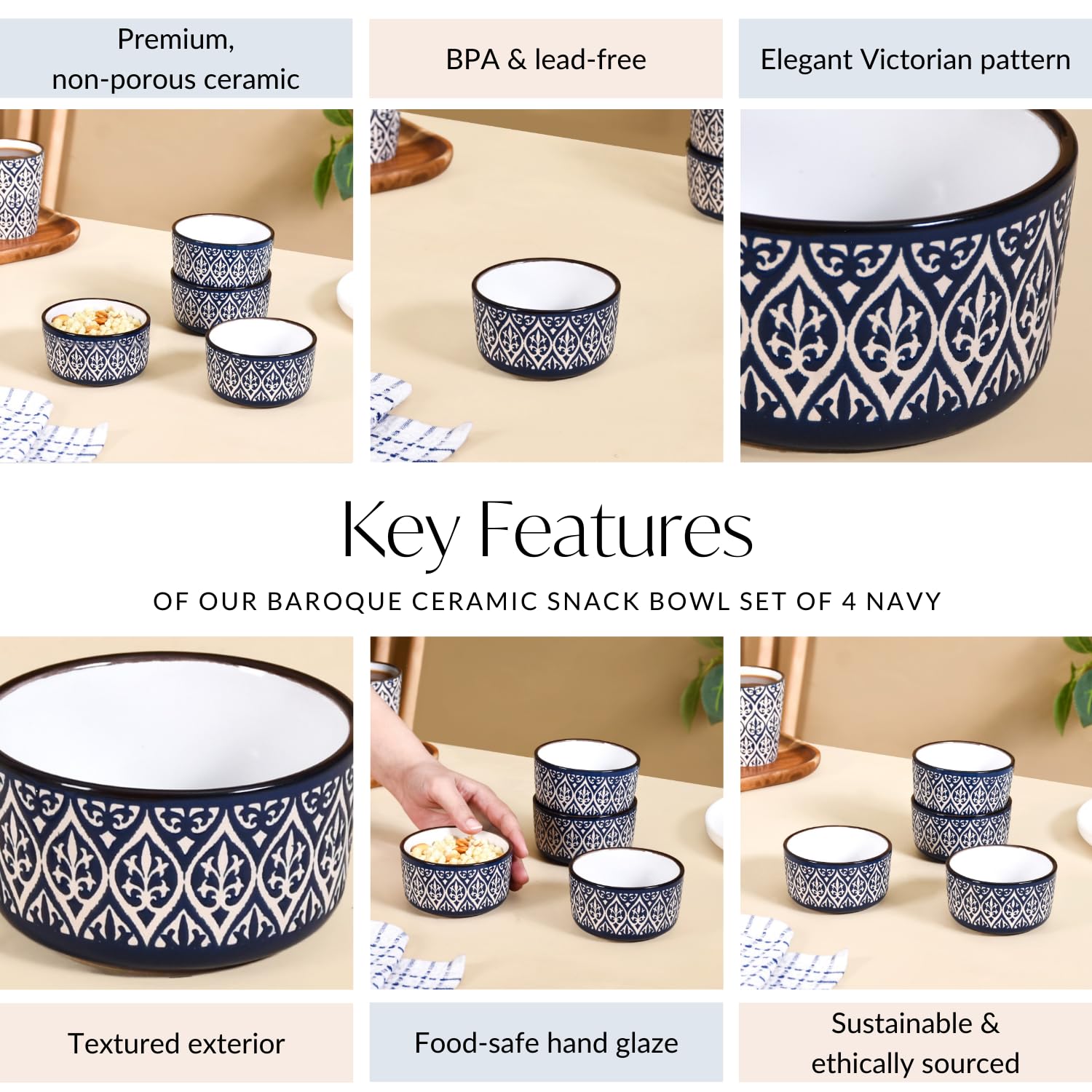 Nestasia Ceramic Bowl For Snacks - Dishwasher & Microwave Safe Bowl Set Of 4, Victorian Print Small Serving Bowl Set For Rice, D